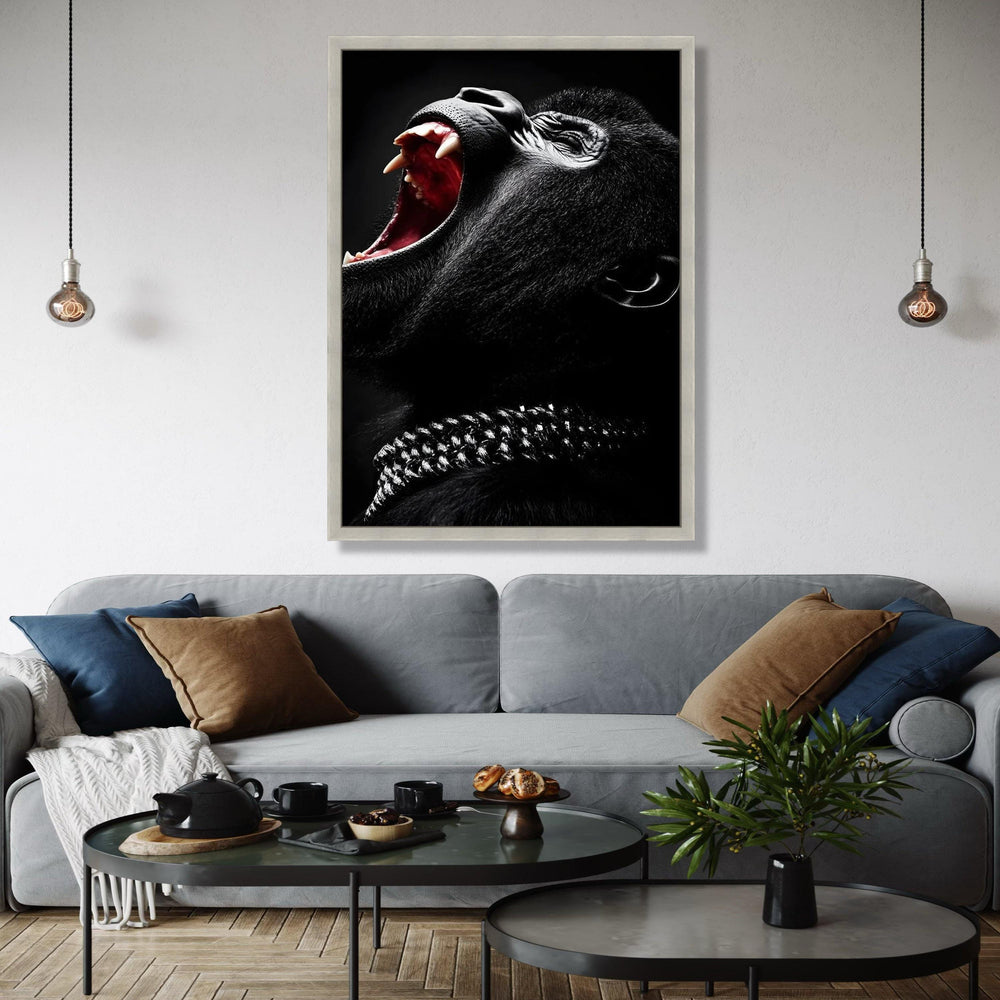 Fierce Yawning Gorilla Canvas, Black and White Animal Wall Art, Primal Wildlife Portrait, Bold Home Decor, Ready Gift Art, Home Decor, Print