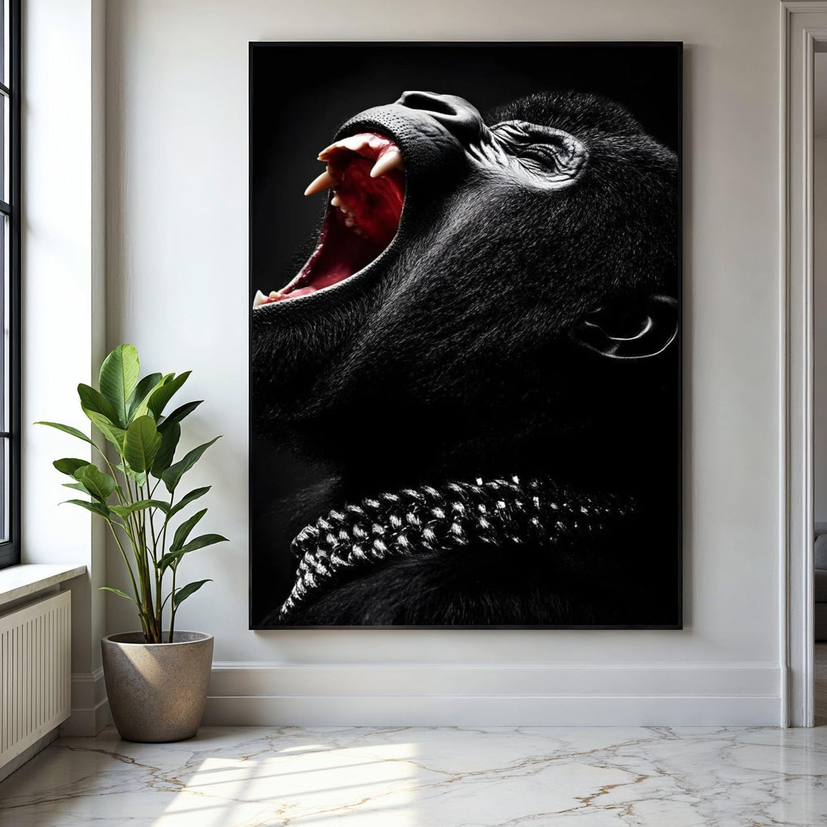 Fierce Yawning Gorilla Canvas, Black and White Animal Wall Art, Primal Wildlife Portrait, Bold Home Decor, Ready Gift Art, Home Decor, Print