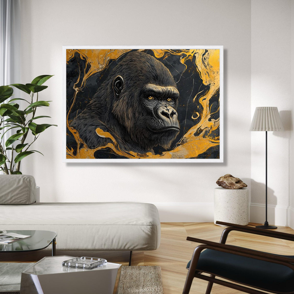 Majestic Gorilla Portrait Canvas, Abstract Gold Swirl Wall Art, Wildlife Animal Canvas, Modern Home Décor, Bold Gift Art, Home Decor, Print