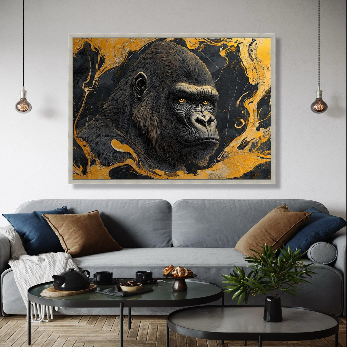 Majestic Gorilla Portrait Canvas, Abstract Gold Swirl Wall Art, Wildlife Animal Canvas, Modern Home Décor, Bold Gift Art, Home Decor, Print
