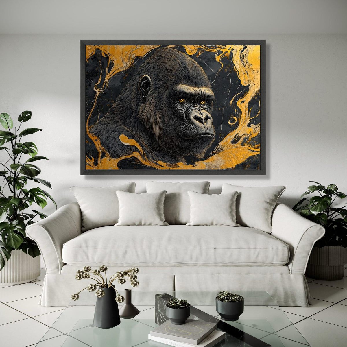 Majestic Gorilla Portrait Canvas, Abstract Gold Swirl Wall Art, Wildlife Animal Canvas, Modern Home Décor, Bold Gift Art, Home Decor, Print