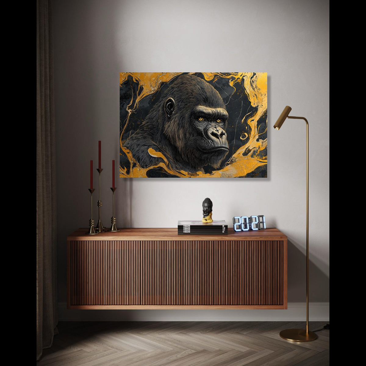 Majestic Gorilla Portrait Canvas, Abstract Gold Swirl Wall Art, Wildlife Animal Canvas, Modern Home Décor, Bold Gift Art, Home Decor, Print