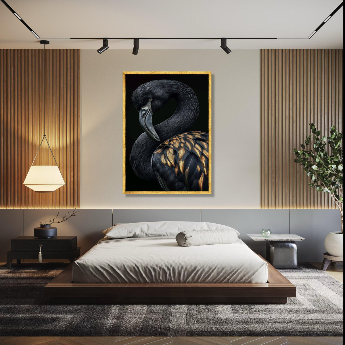 Elegant Black Swan Canvas Wall Art, Metallic Feather Detail, Exotic Bird Portrait, Nature Wildlife Canvas, Gift Art, Home Decor, Print