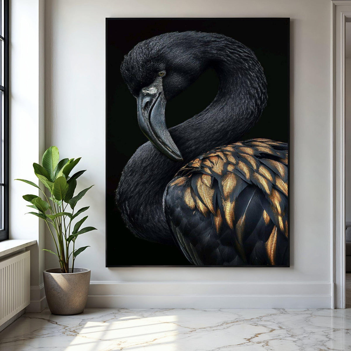 Elegant Black Swan Canvas Wall Art, Metallic Feather Detail, Exotic Bird Portrait, Nature Wildlife Canvas, Gift Art, Home Decor, Print