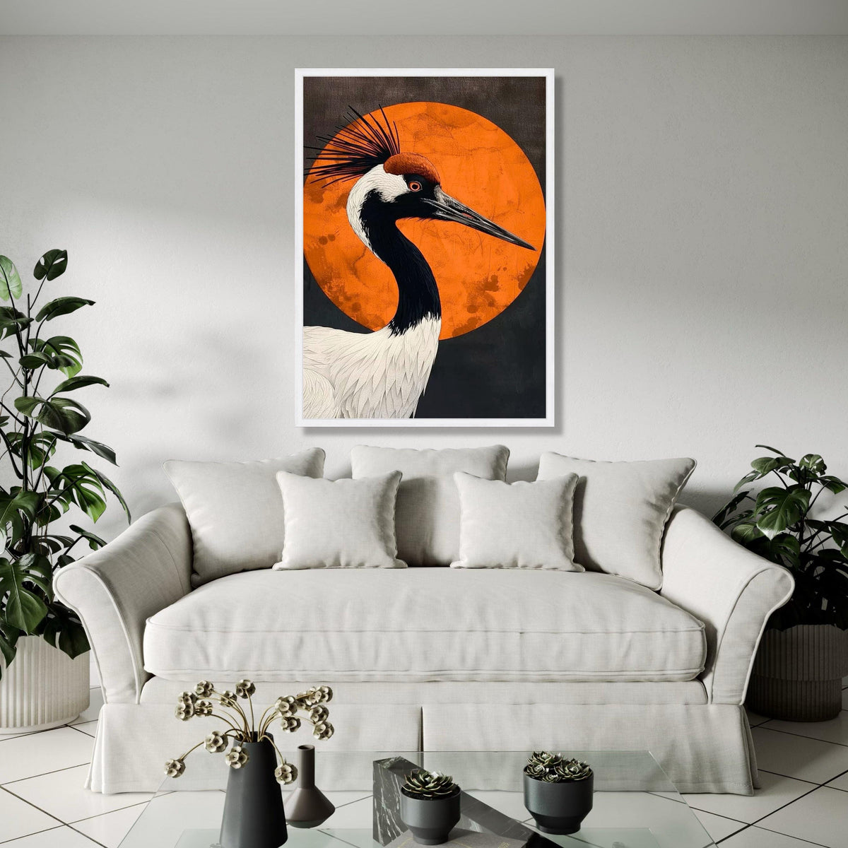 Elegant Crane Bird Canvas, Modern Abstract Wall Art, Orange Circle Background, Wildlife Nature Decor, Gift Art, Home Decor, Print
