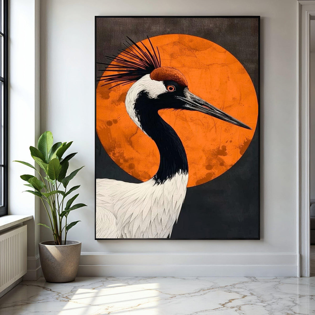 Elegant Crane Bird Canvas, Modern Abstract Wall Art, Orange Circle Background, Wildlife Nature Decor, Gift Art, Home Decor, Print