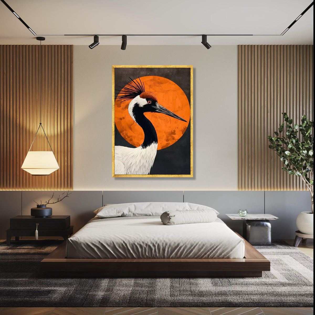 Elegant Crane Bird Canvas, Modern Abstract Wall Art, Orange Circle Background, Wildlife Nature Decor, Gift Art, Home Decor, Print