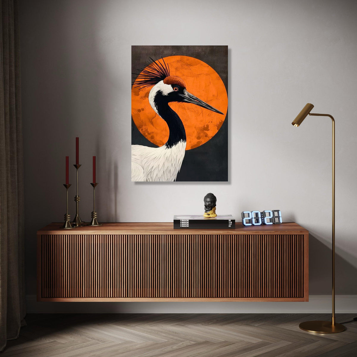 Elegant Crane Bird Canvas, Modern Abstract Wall Art, Orange Circle Background, Wildlife Nature Decor, Gift Art, Home Decor, Print