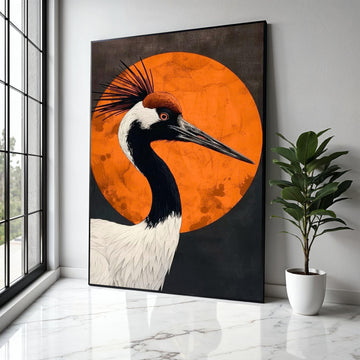 Elegant Crane Bird Canvas, Modern Abstract Wall Art, Orange Circle Background, Wildlife Nature Decor, Gift Art, Home Decor, Print
