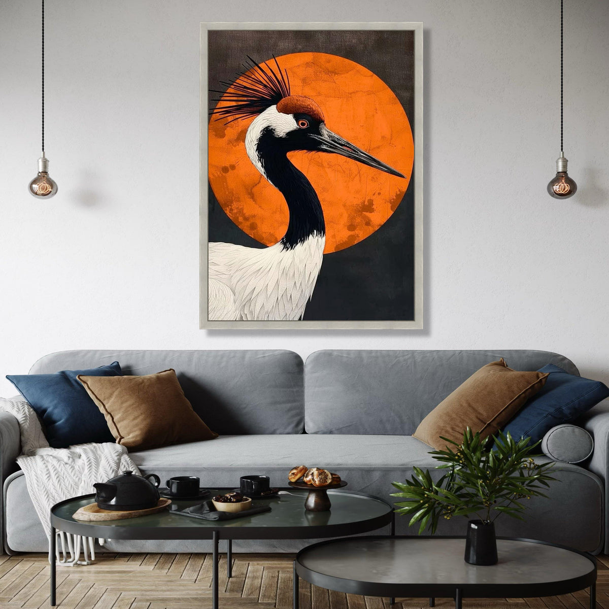 Elegant Crane Bird Canvas, Modern Abstract Wall Art, Orange Circle Background, Wildlife Nature Decor, Gift Art, Home Decor, Print
