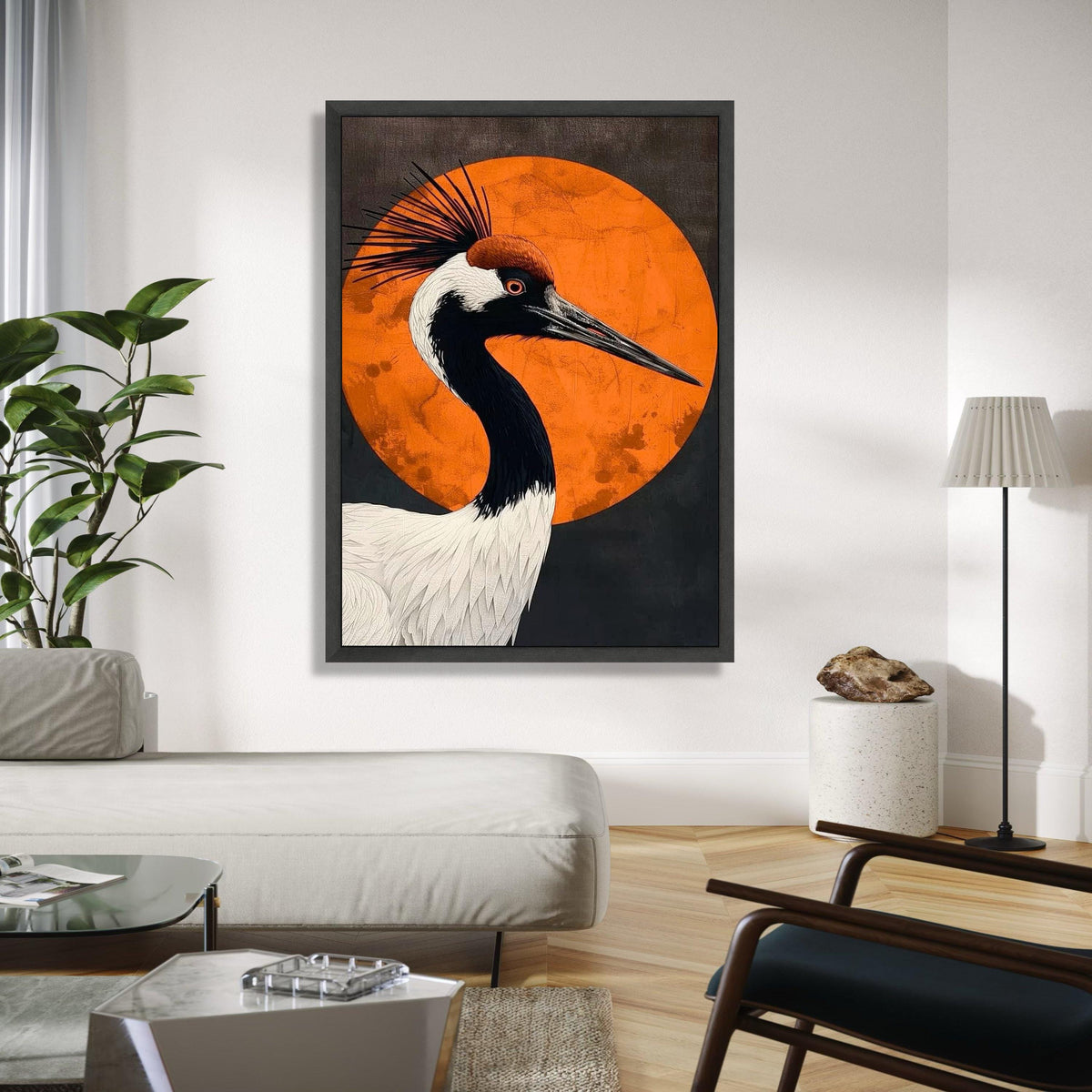 Elegant Crane Bird Canvas, Modern Abstract Wall Art, Orange Circle Background, Wildlife Nature Decor, Gift Art, Home Decor, Print