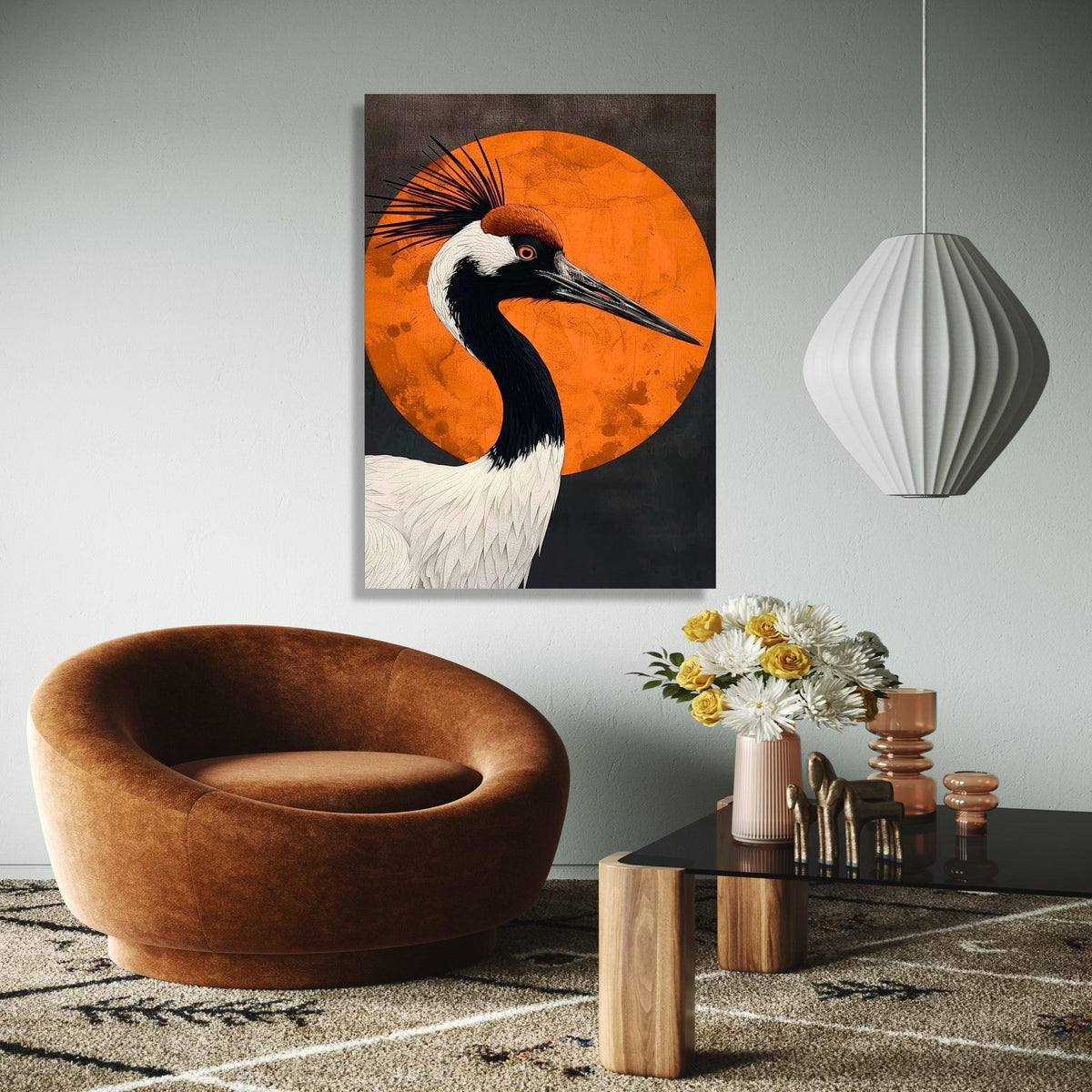 Elegant Crane Bird Canvas, Modern Abstract Wall Art, Orange Circle Background, Wildlife Nature Decor, Gift Art, Home Decor, Print