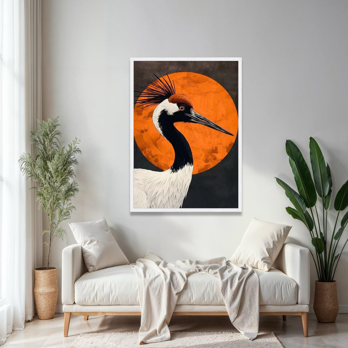 Elegant Crane Bird Canvas, Modern Abstract Wall Art, Orange Circle Background, Wildlife Nature Decor, Gift Art, Home Decor, Print