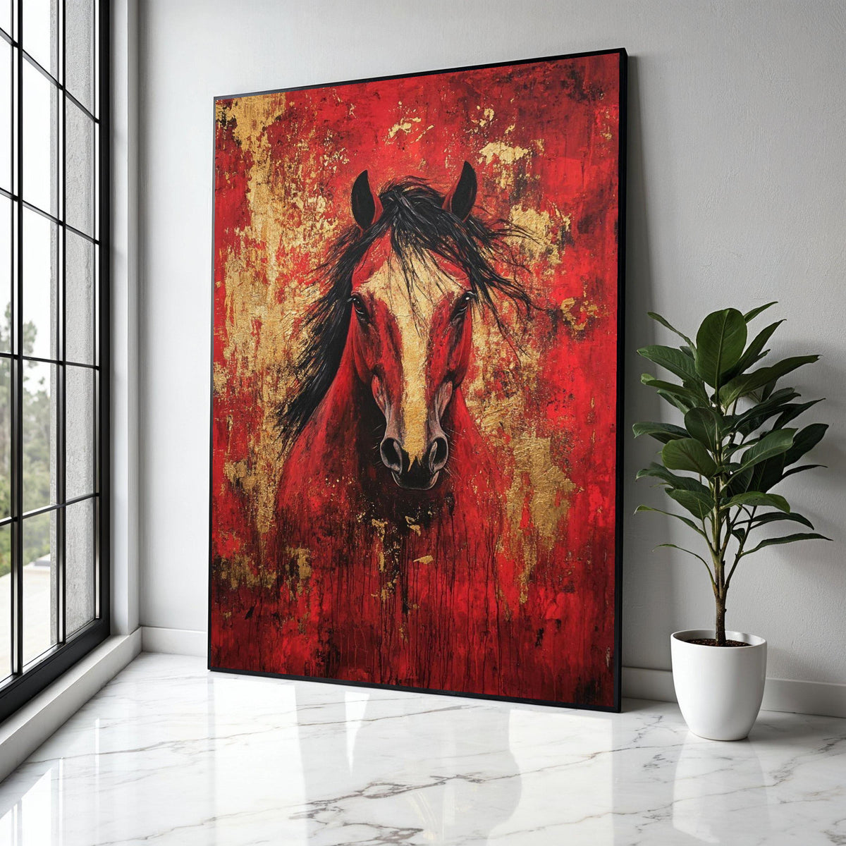 Majestic Red Horse Canvas Wall Art, Abstract Animal Painting, Gold Accent Home Decor, Bold Equine Portrait Gift Art, Home Decor, Print