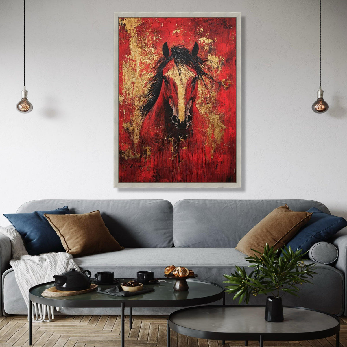 Majestic Red Horse Canvas Wall Art, Abstract Animal Painting, Gold Accent Home Decor, Bold Equine Portrait Gift Art, Home Decor, Print