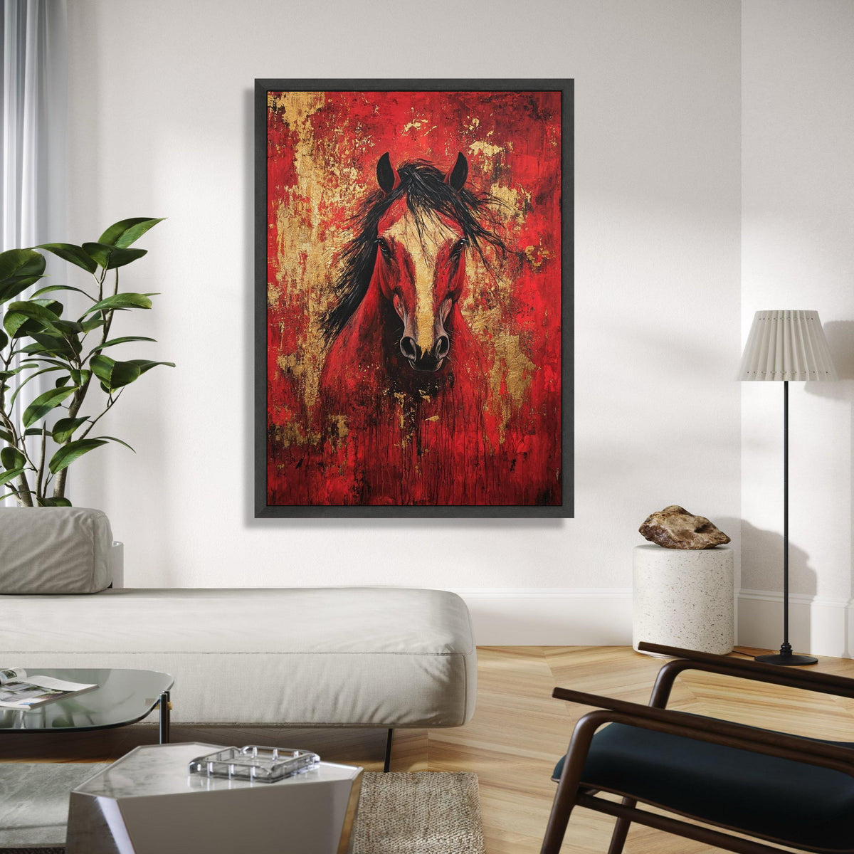 Majestic Red Horse Canvas Wall Art, Abstract Animal Painting, Gold Accent Home Decor, Bold Equine Portrait Gift Art, Home Decor, Print