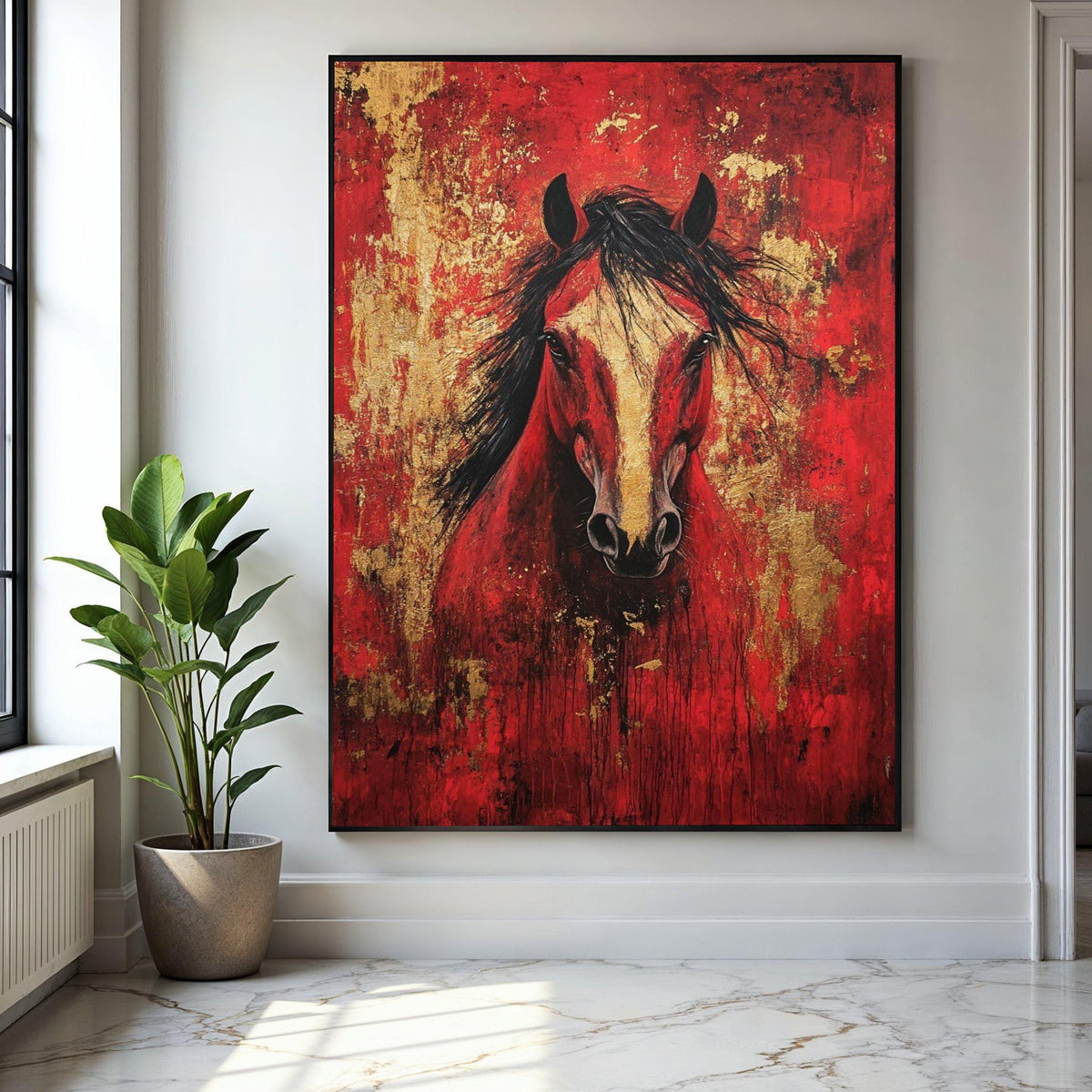 Majestic Red Horse Canvas Wall Art, Abstract Animal Painting, Gold Accent Home Decor, Bold Equine Portrait Gift Art, Home Decor, Print