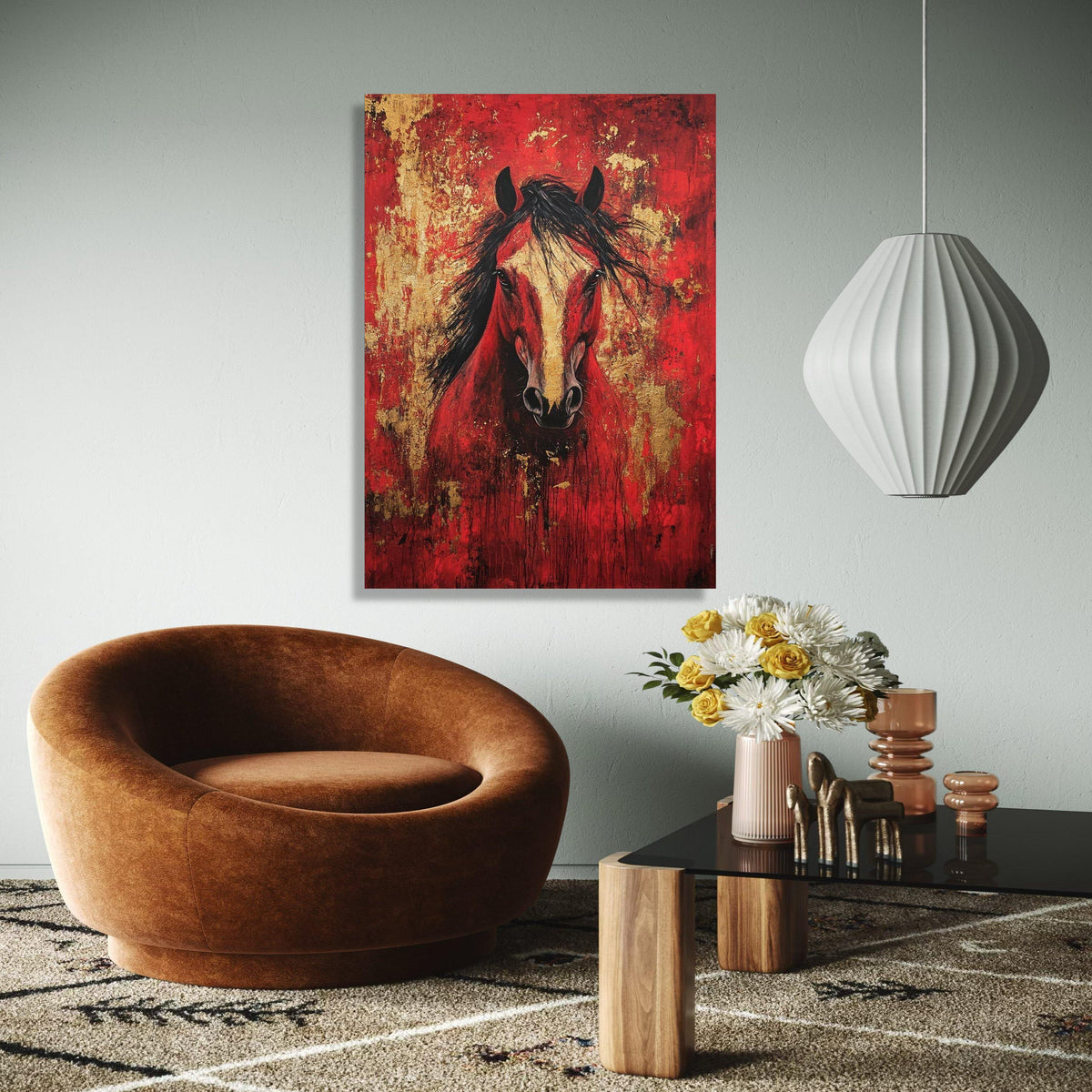 Majestic Red Horse Canvas Wall Art, Abstract Animal Painting, Gold Accent Home Decor, Bold Equine Portrait Gift Art, Home Decor, Print