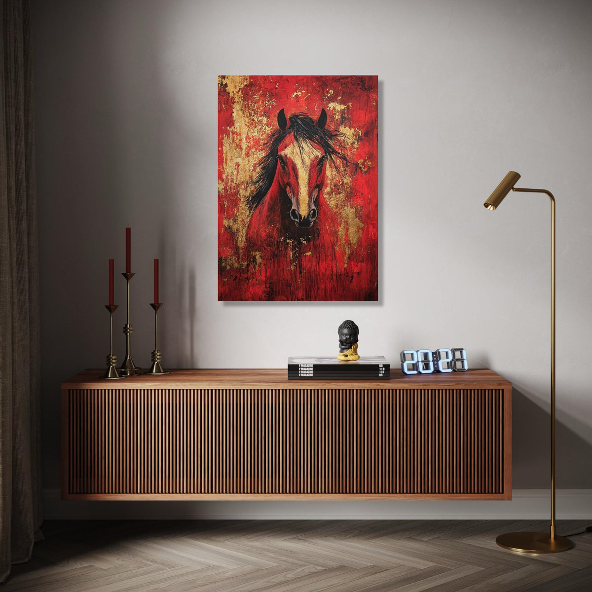 Majestic Red Horse Canvas Wall Art, Abstract Animal Painting, Gold Accent Home Decor, Bold Equine Portrait Gift Art, Home Decor, Print