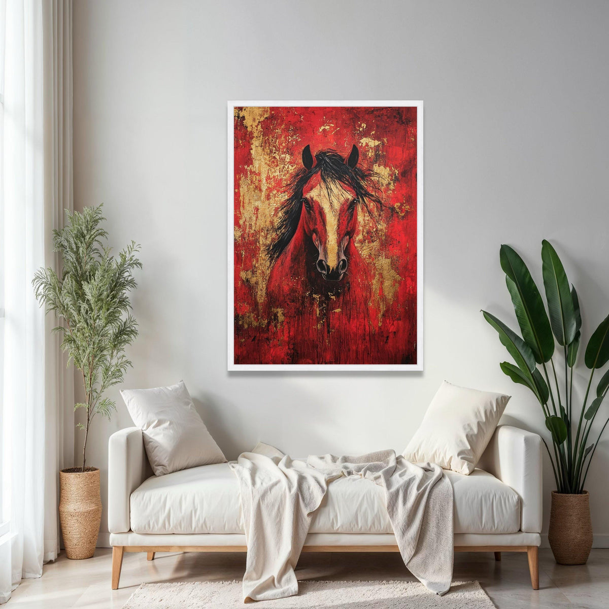 Majestic Red Horse Canvas Wall Art, Abstract Animal Painting, Gold Accent Home Decor, Bold Equine Portrait Gift Art, Home Decor, Print