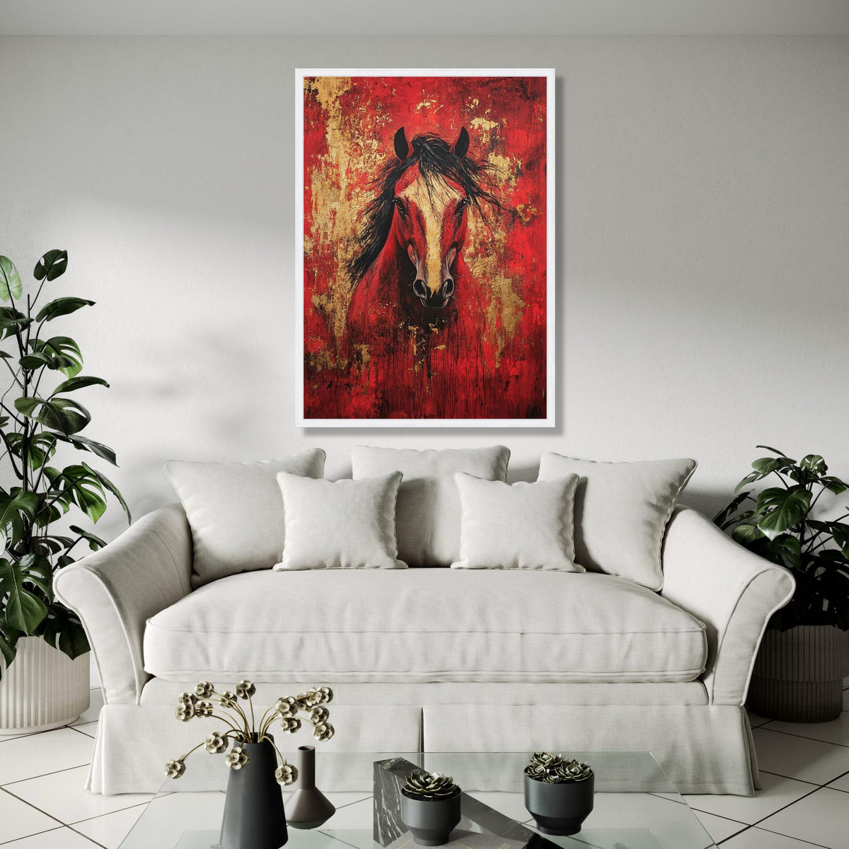 Majestic Red Horse Canvas Wall Art, Abstract Animal Painting, Gold Accent Home Decor, Bold Equine Portrait Gift Art, Home Decor, Print