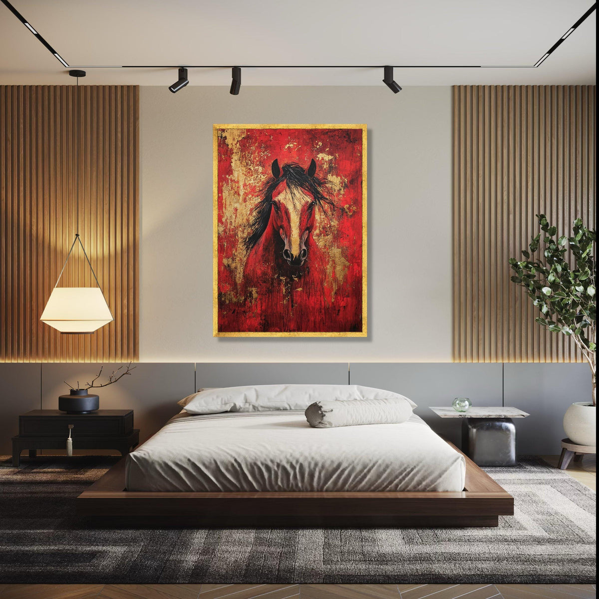 Majestic Red Horse Canvas Wall Art, Abstract Animal Painting, Gold Accent Home Decor, Bold Equine Portrait Gift Art, Home Decor, Print