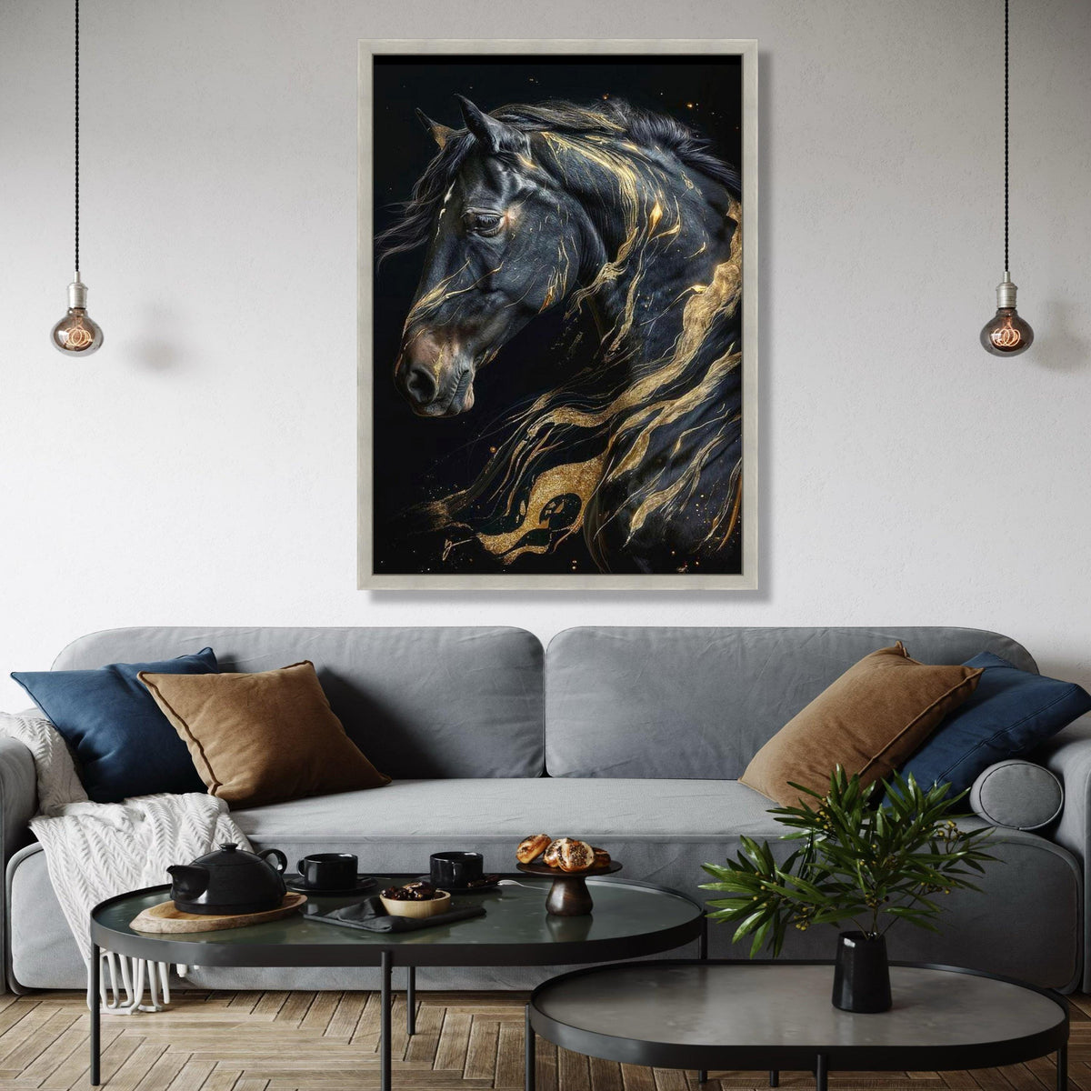 Majestic Black Horse Canvas Wall Art, Abstract Gold Accents, Elegant Animal Portrait, Modern Home Decoration, Gift Art, Home Decor, Print