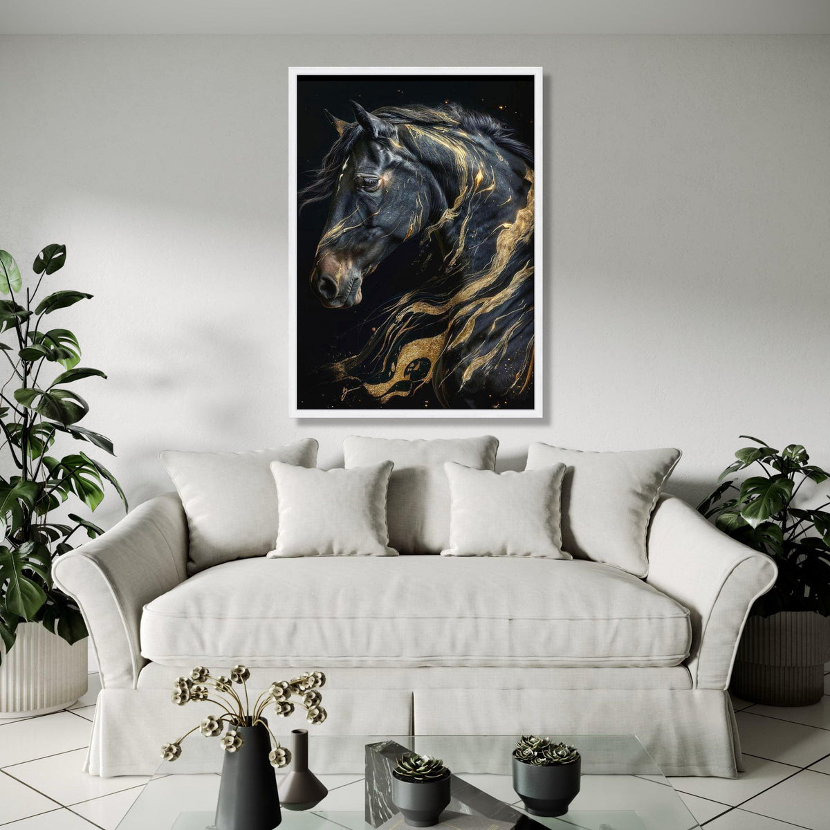 Majestic Black Horse Canvas Wall Art, Abstract Gold Accents, Elegant Animal Portrait, Modern Home Decoration, Gift Art, Home Decor, Print