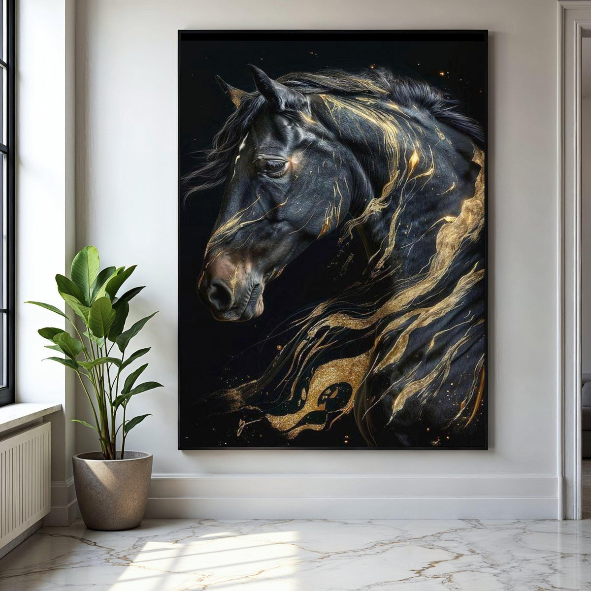 Majestic Black Horse Canvas Wall Art, Abstract Gold Accents, Elegant Animal Portrait, Modern Home Decoration, Gift Art, Home Decor, Print