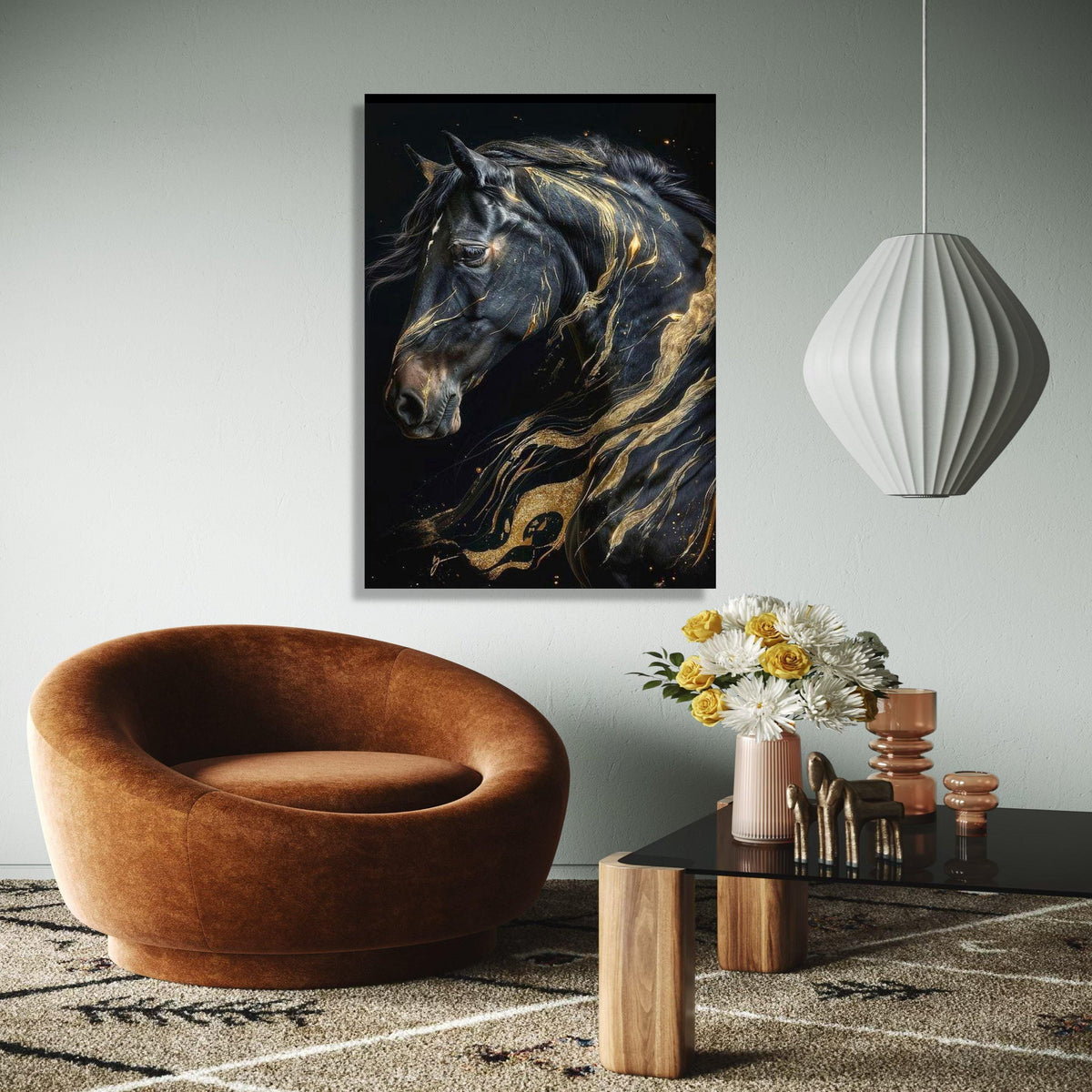 Majestic Black Horse Canvas Wall Art, Abstract Gold Accents, Elegant Animal Portrait, Modern Home Decoration, Gift Art, Home Decor, Print