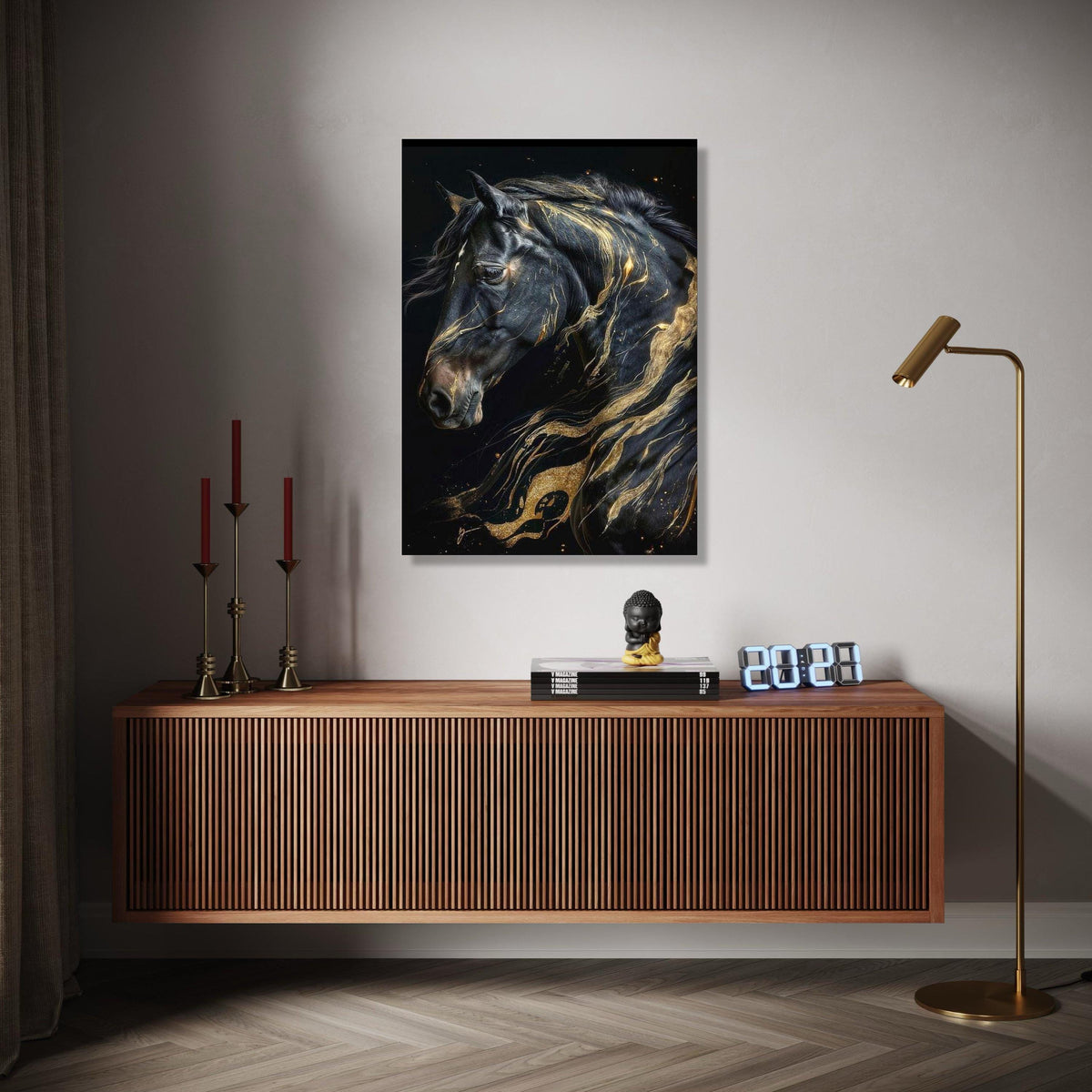 Majestic Black Horse Canvas Wall Art, Abstract Gold Accents, Elegant Animal Portrait, Modern Home Decoration, Gift Art, Home Decor, Print