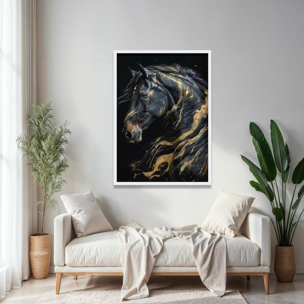 Majestic Black Horse Canvas Wall Art, Abstract Gold Accents, Elegant Animal Portrait, Modern Home Decoration, Gift Art, Home Decor, Print