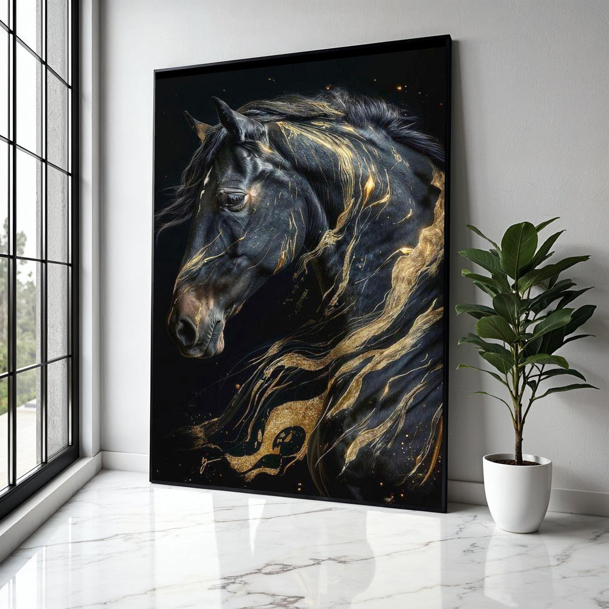 Majestic Black Horse Canvas Wall Art, Abstract Gold Accents, Elegant Animal Portrait, Modern Home Decoration, Gift Art, Home Decor, Print