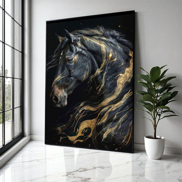 Majestic Black Horse Canvas Wall Art, Abstract Gold Accents, Elegant Animal Portrait, Modern Home Decoration, Gift Art, Home Decor, Print