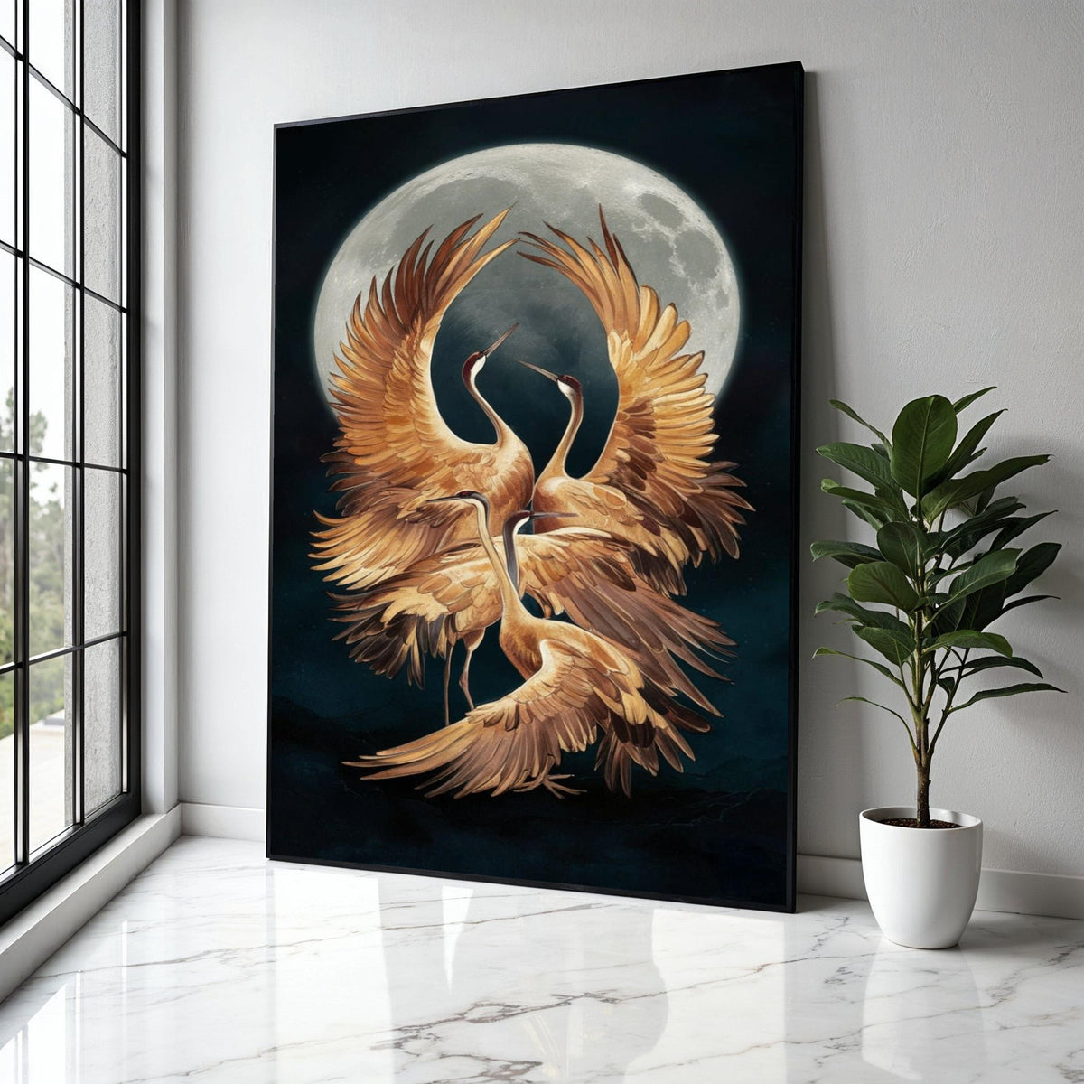 Elegant Cranes Moonlight Canvas, Golden Bird Wall Art, Nature Wildlife Canvas, Mystic Night Scene, Home Decor Gift Art, Home Decor, Print