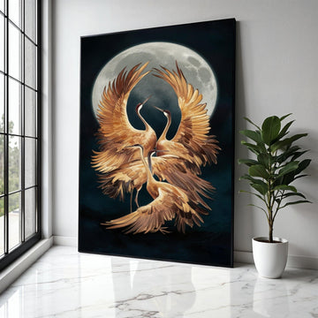 Elegant Cranes Moonlight Canvas, Golden Bird Wall Art, Nature Wildlife Canvas, Mystic Night Scene, Home Decor Gift Art, Home Decor, Print