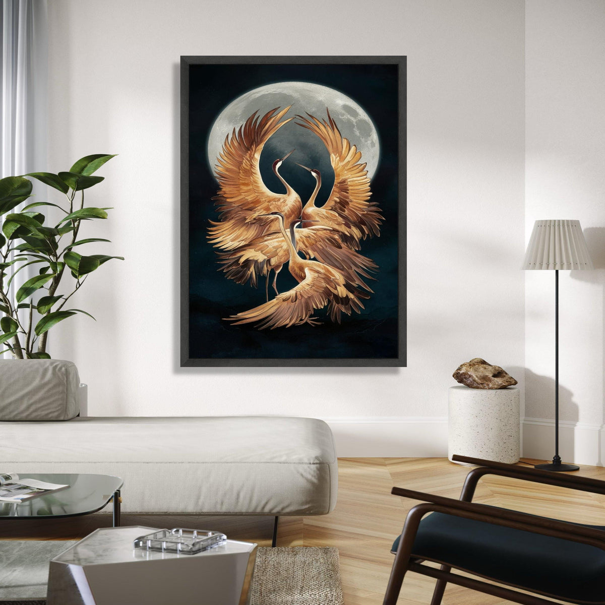 Elegant Cranes Moonlight Canvas, Golden Bird Wall Art, Nature Wildlife Canvas, Mystic Night Scene, Home Decor Gift Art, Home Decor, Print