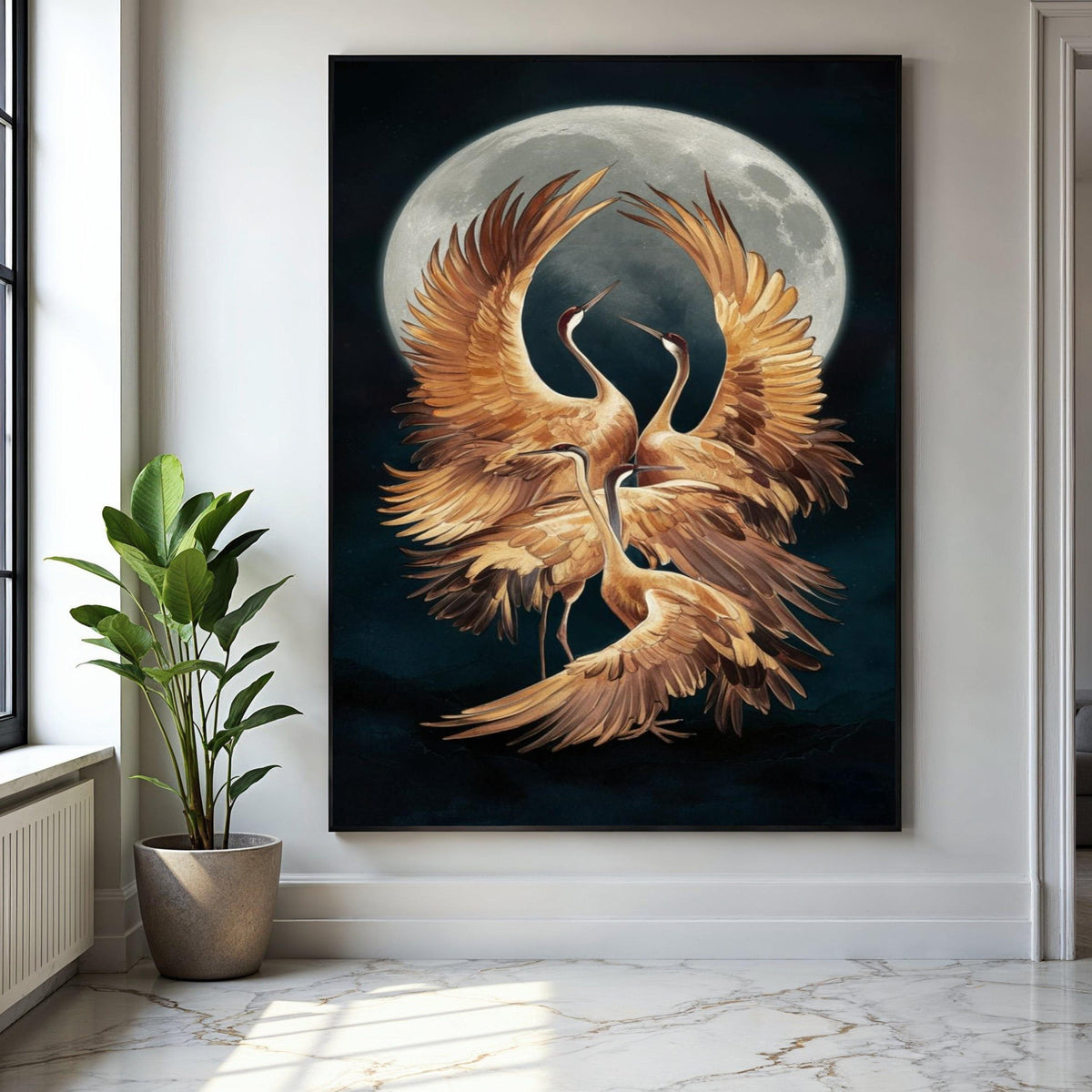 Elegant Cranes Moonlight Canvas, Golden Bird Wall Art, Nature Wildlife Canvas, Mystic Night Scene, Home Decor Gift Art, Home Decor, Print