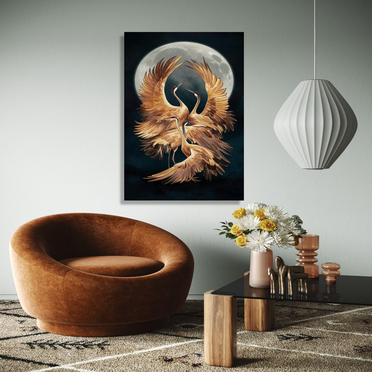 Elegant Cranes Moonlight Canvas, Golden Bird Wall Art, Nature Wildlife Canvas, Mystic Night Scene, Home Decor Gift Art, Home Decor, Print