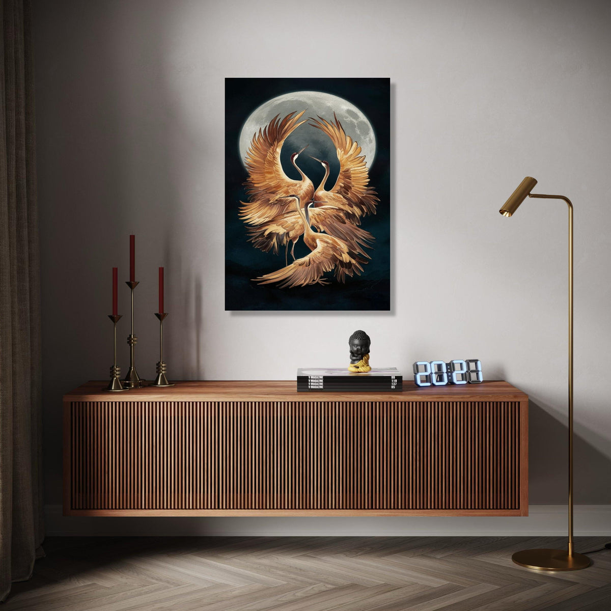 Elegant Cranes Moonlight Canvas, Golden Bird Wall Art, Nature Wildlife Canvas, Mystic Night Scene, Home Decor Gift Art, Home Decor, Print