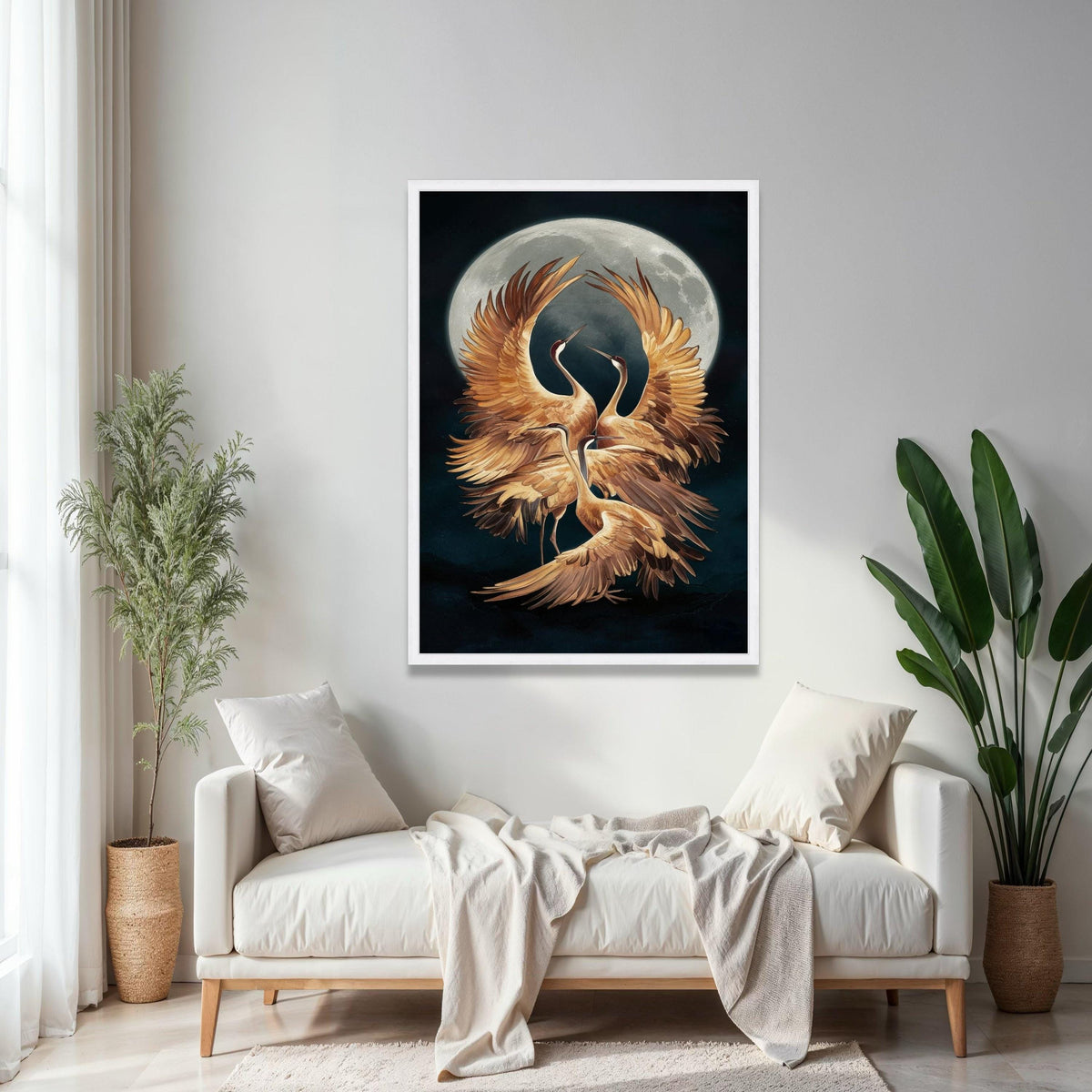 Elegant Cranes Moonlight Canvas, Golden Bird Wall Art, Nature Wildlife Canvas, Mystic Night Scene, Home Decor Gift Art, Home Decor, Print