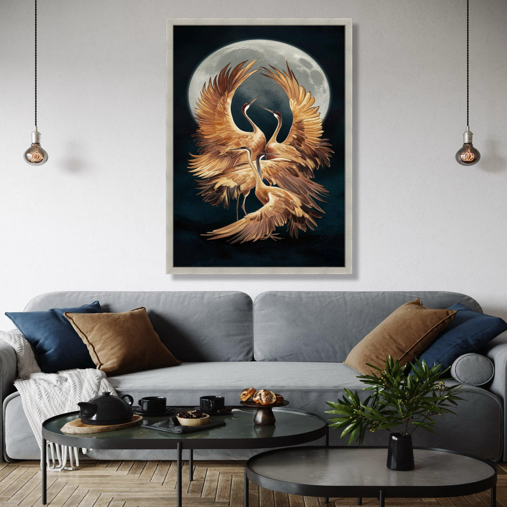 Elegant Cranes Moonlight Canvas, Golden Bird Wall Art, Nature Wildlife Canvas, Mystic Night Scene, Home Decor Gift Art, Home Decor, Print