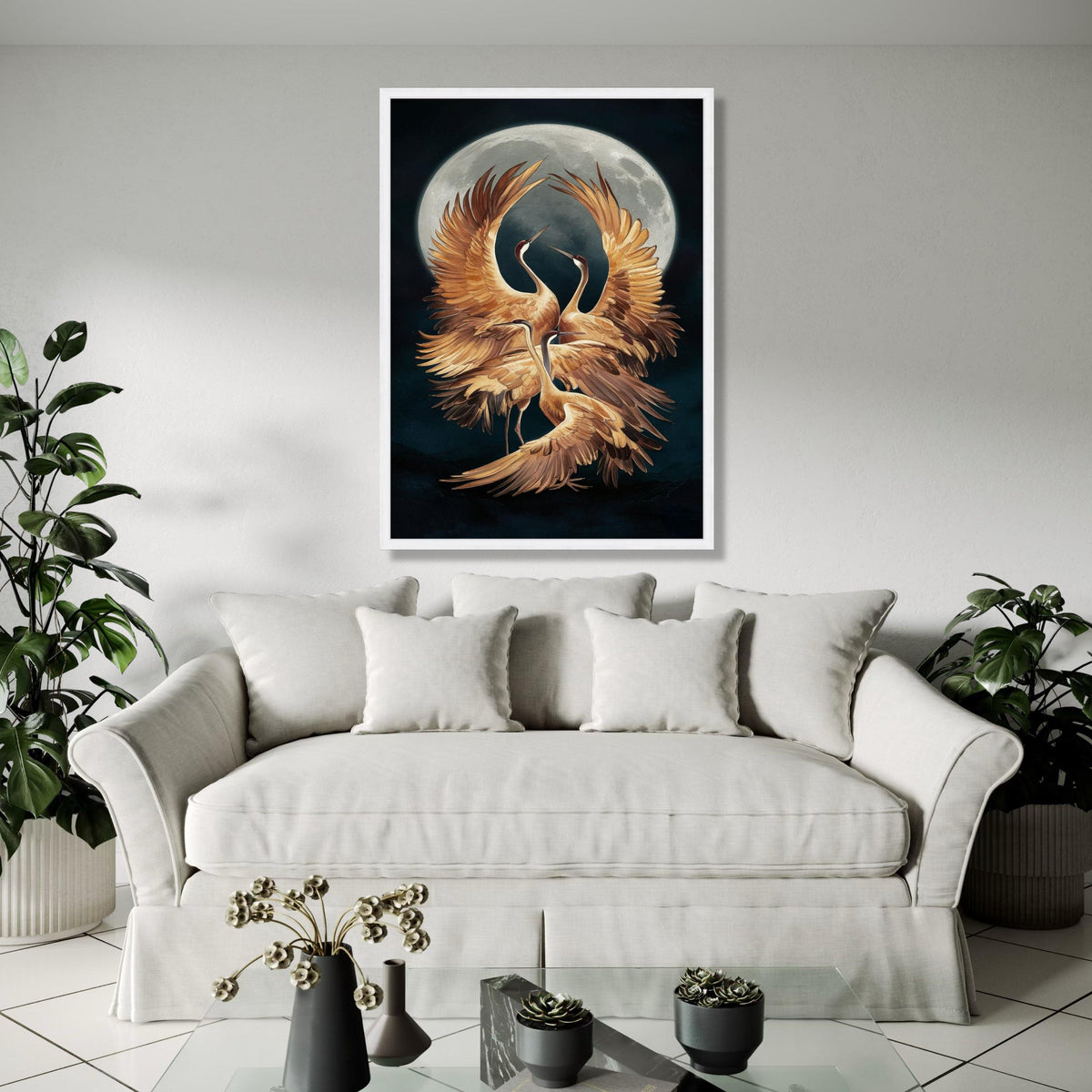 Elegant Cranes Moonlight Canvas, Golden Bird Wall Art, Nature Wildlife Canvas, Mystic Night Scene, Home Decor Gift Art, Home Decor, Print