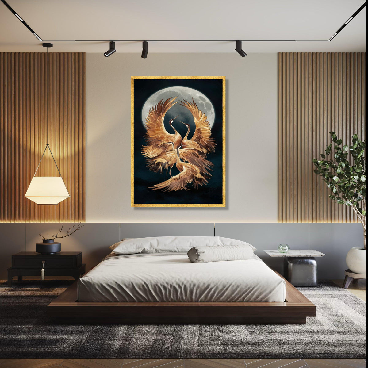 Elegant Cranes Moonlight Canvas, Golden Bird Wall Art, Nature Wildlife Canvas, Mystic Night Scene, Home Decor Gift Art, Home Decor, Print