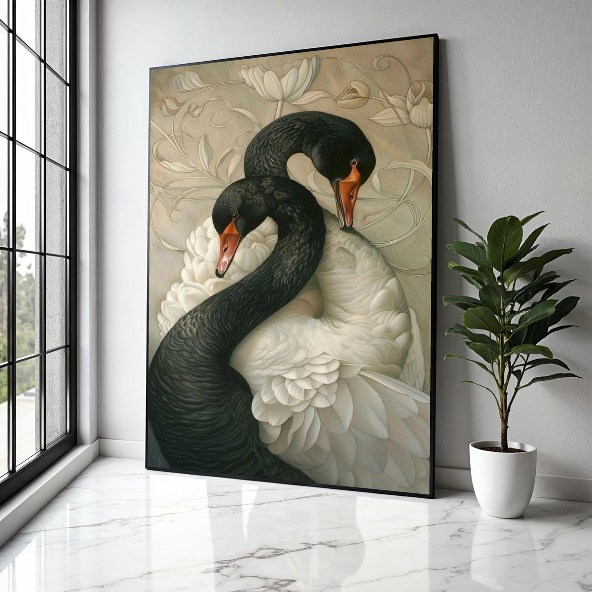Elegant Black and White Swans Canvas, Romantic Wildlife Wall Art, Nature Feathered Birds Decoration, Floral Gift Art, Home Decor, Print