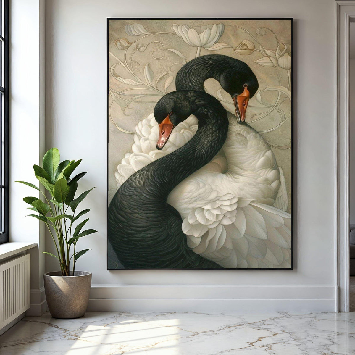 Elegant Black and White Swans Canvas, Romantic Wildlife Wall Art, Nature Feathered Birds Decoration, Floral Gift Art, Home Decor, Print