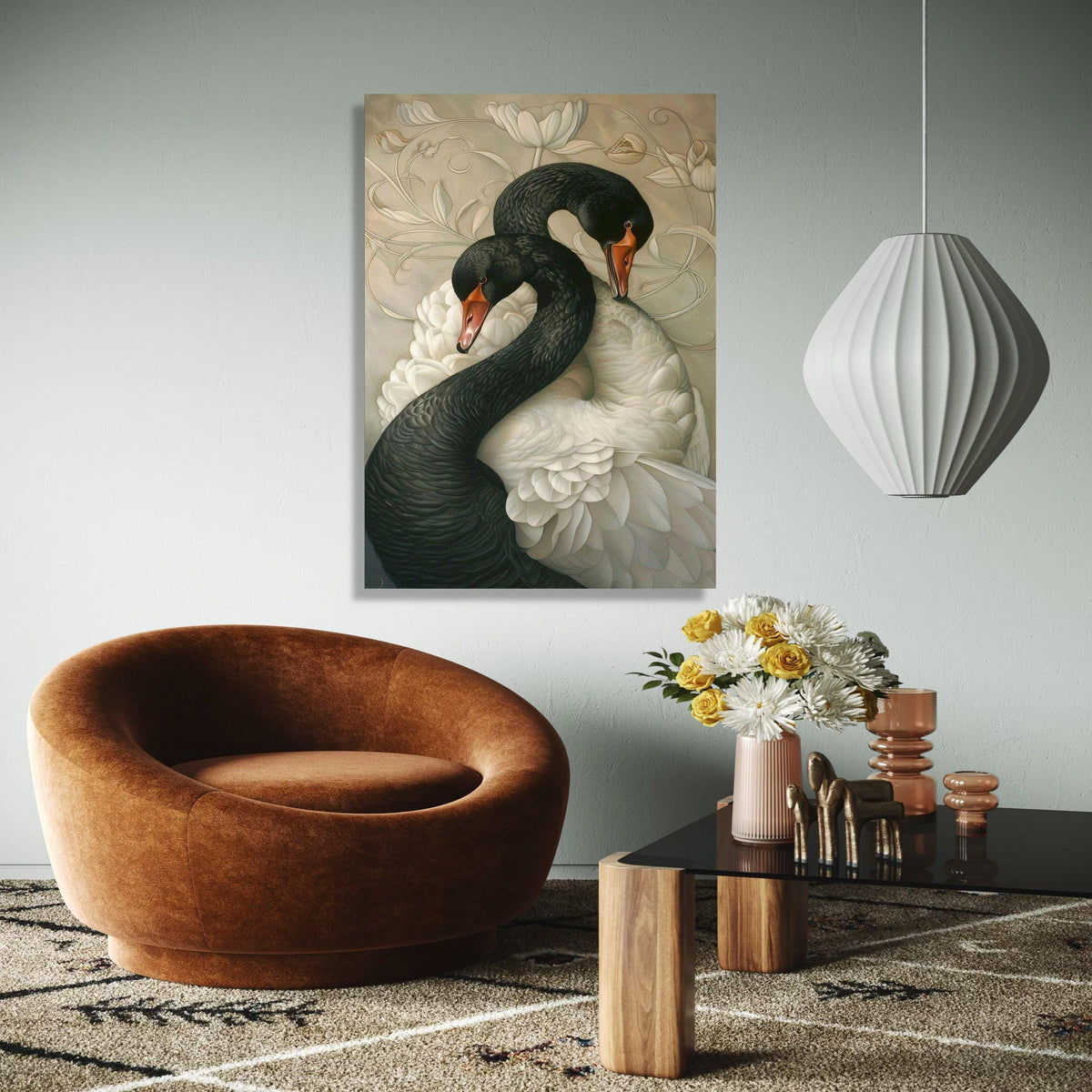 Elegant Black and White Swans Canvas, Romantic Wildlife Wall Art, Nature Feathered Birds Decoration, Floral Gift Art, Home Decor, Print