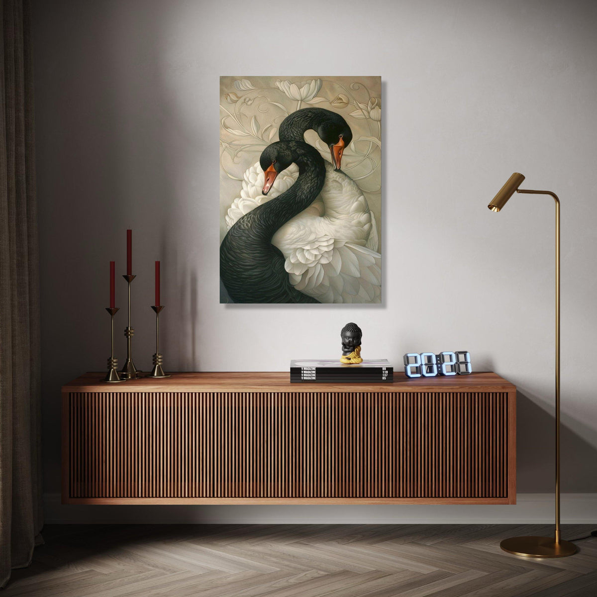Elegant Black and White Swans Canvas, Romantic Wildlife Wall Art, Nature Feathered Birds Decoration, Floral Gift Art, Home Decor, Print