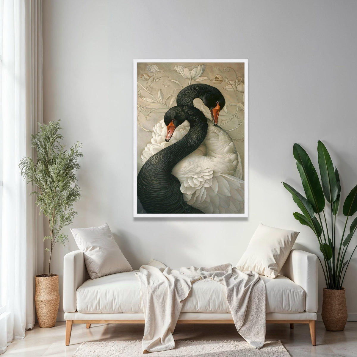 Elegant Black and White Swans Canvas, Romantic Wildlife Wall Art, Nature Feathered Birds Decoration, Floral Gift Art, Home Decor, Print