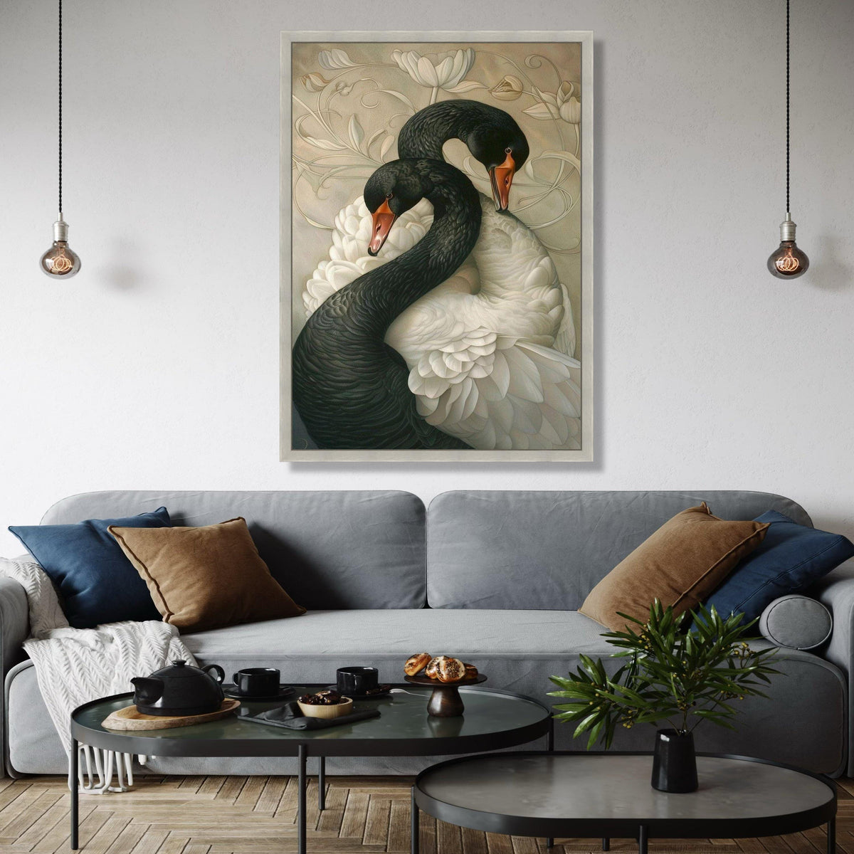 Elegant Black and White Swans Canvas, Romantic Wildlife Wall Art, Nature Feathered Birds Decoration, Floral Gift Art, Home Decor, Print